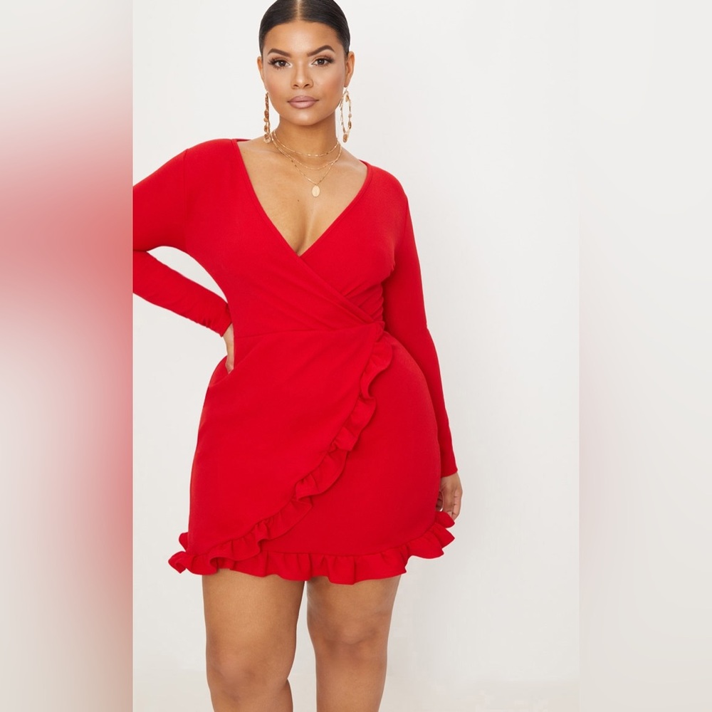 PLT short red faux wrap dress with ruffles in size 16